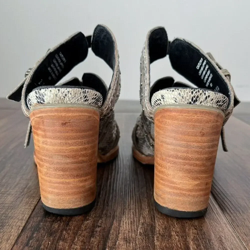 Freebird Caitlyn Leather Chunky Heeled Sandal Snake Embossed Size 9 Black White